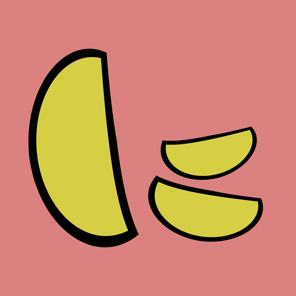 Yellow art crescent moon and two crescent slices on a pink background