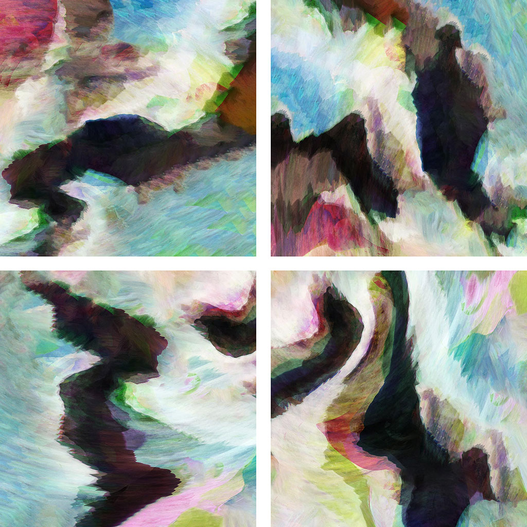 Four abstract art pieces with colorful brush strokes and a black figure.