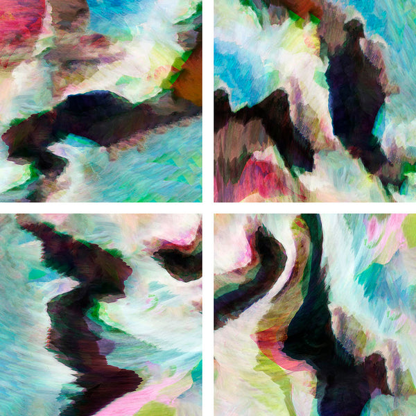 Four abstract art pieces with colorful brush strokes and a black figure.