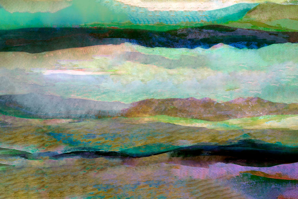 Abstract landscape painting with wavy lines in green, blue, and purple.