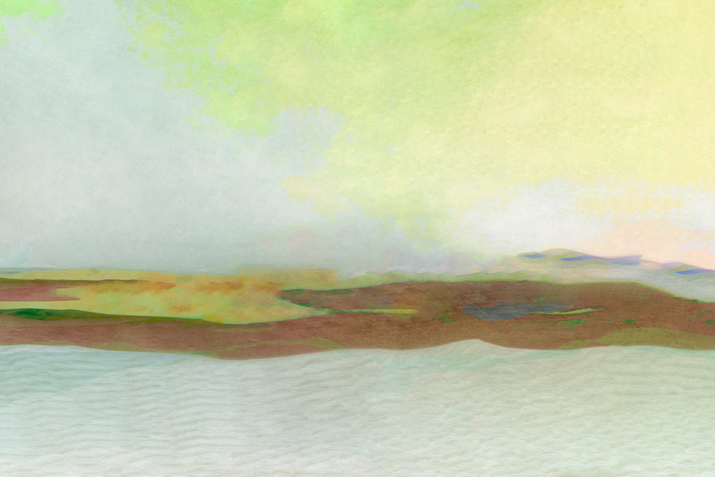 Abstract landscape painting with a pale yellow-green sky, a brown and green shoreline, and a light blue water foreground.