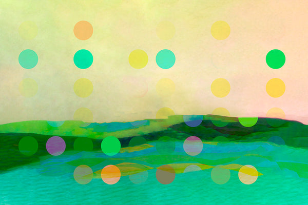 Abstract landscape art print featuring a soft beige sky with scattered pastel polka dots and layered green hills over a turquoise foreground.