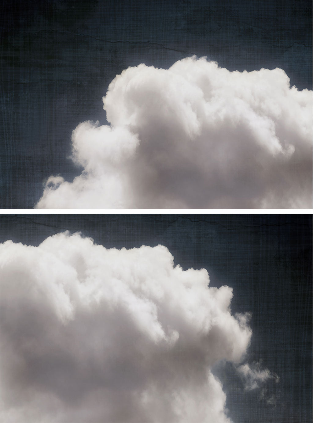 Two images of a cloud with a dark background
