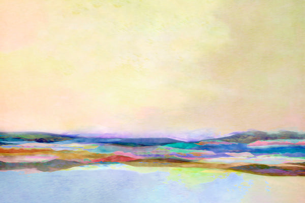 An abstract landscape painting featuring a soft, textured sky in pale yellow, cream, and light green tones, with layered hills and water in shades of blue, purple, pink, and green.