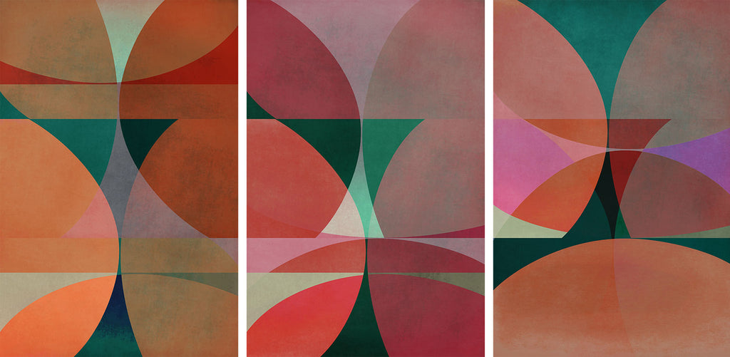 Triptych of abstract art with geometric shapes in earthy tones.