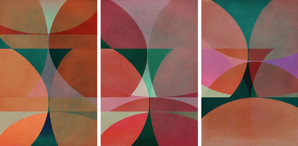 Triptych of abstract art with geometric shapes in earthy tones.