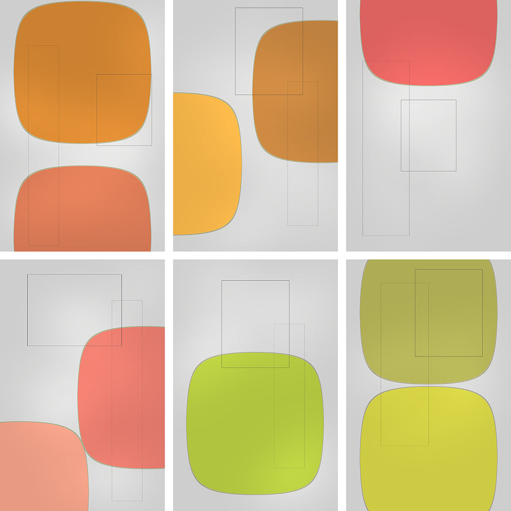 Six colorful square shapes in retro style, mid century modern artwork