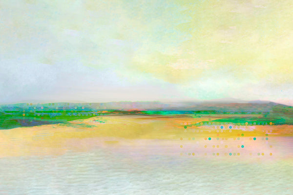 An abstract landscape painting featuring a soft, textured sky in pale yellow, green, and blue tones above a muted field of green, gold, and pink hues.