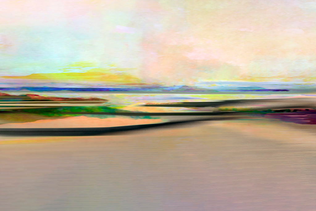An abstract landscape painting featuring a soft, blended horizon with pastel tones of yellow, green, blue, and beige, resembling a hazy coastal or meadow scene.