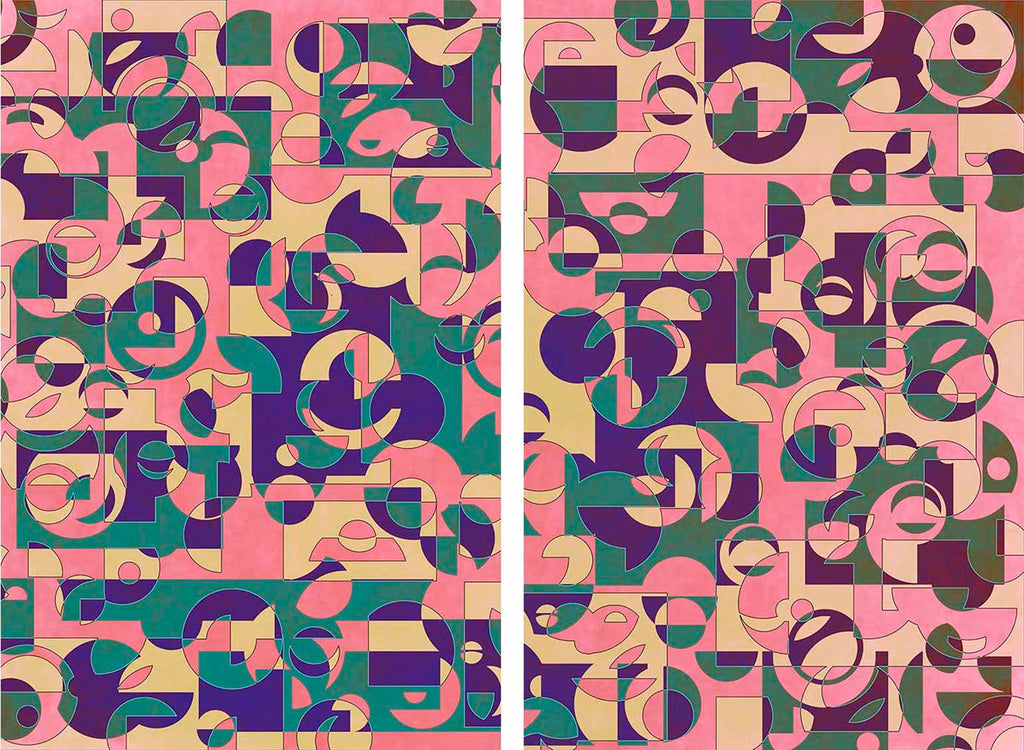 Two side-by-side geometric art diptych with pink, green, and purple colors.
