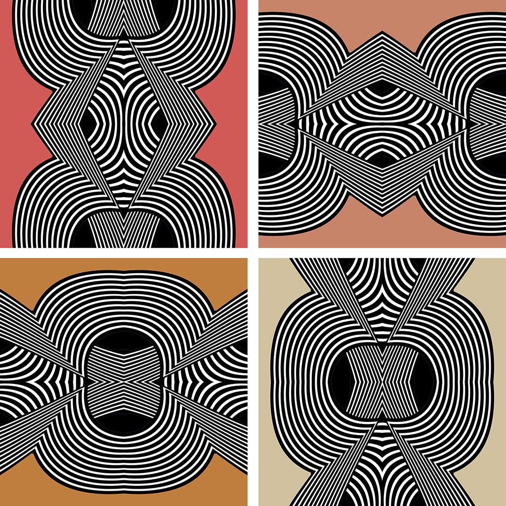Four quadrants of a pattern with black and white lines on colored backgrounds
