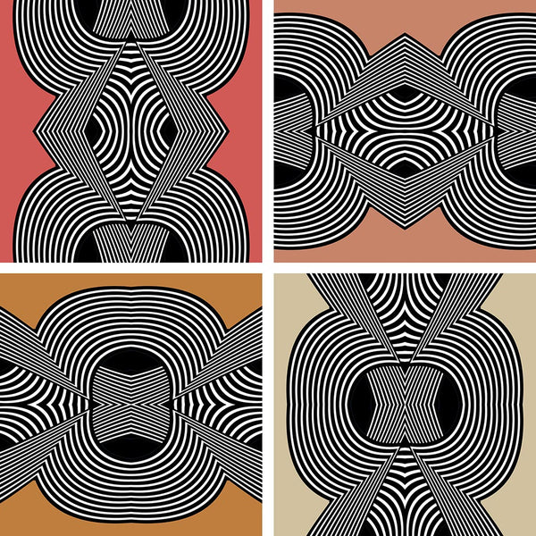 Four quadrants of a pattern with black and white lines on colored backgrounds