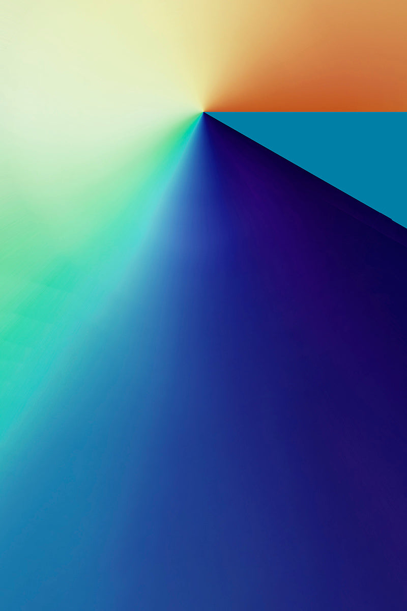 Abstract geometric artwork featuring a central point where multiple smooth color fields meet, including pale yellow, green, blue, orange, and a large deep blue-purple triangular area.