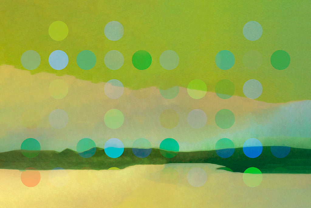 Abstract landscape art print featuring a soft green and yellow sky, a dark green horizon, and a reflective body of water, overlaid with a grid of translucent multicolored circles.