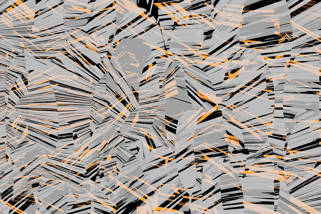 Abstract pattern with geometric shapes in gray, black, and orange on a gray background