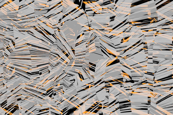 Abstract pattern with geometric shapes in gray, black, and orange on a gray background