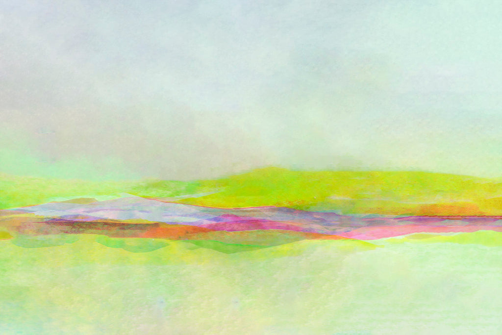 Abstract landscape painting with soft horizontal bands of pale green, yellow-green, pink, purple, and gray, resembling a misty field under a hazy sky.