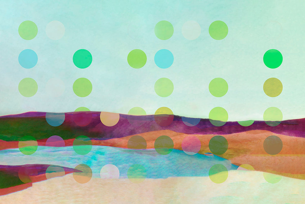 Abstract landscape art print featuring a stylized watercolor scene with hills, a reflective blue body of water, and rows of translucent green and blue circles overlaid across the composition.