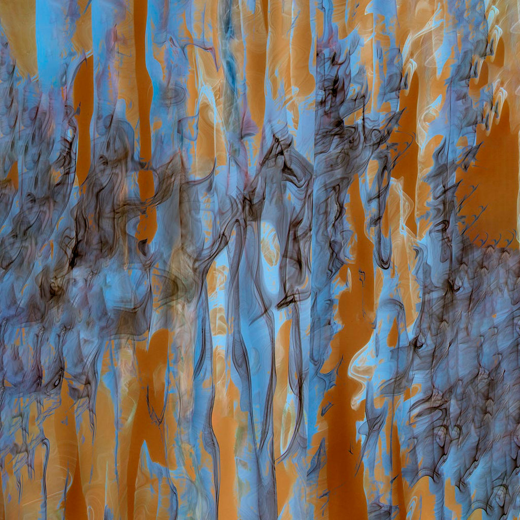 Abstract art print featuring vertical drapery-like forms in warm ochre orange, light blue, and gray with dark charcoal sketchy lines.
