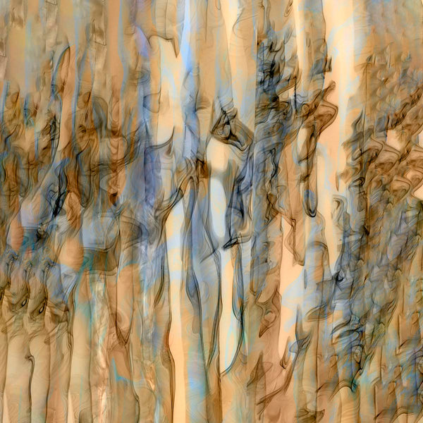 Abstract art print featuring vertical, fluid brushstroke-like forms in warm beige, tan, brown, and soft blue tones.