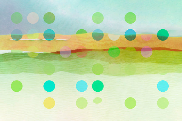 Abstract landscape-style artwork with soft watercolor-like bands in pale blue, yellow, green, and cream, overlaid with scattered translucent circles in multiple colors.