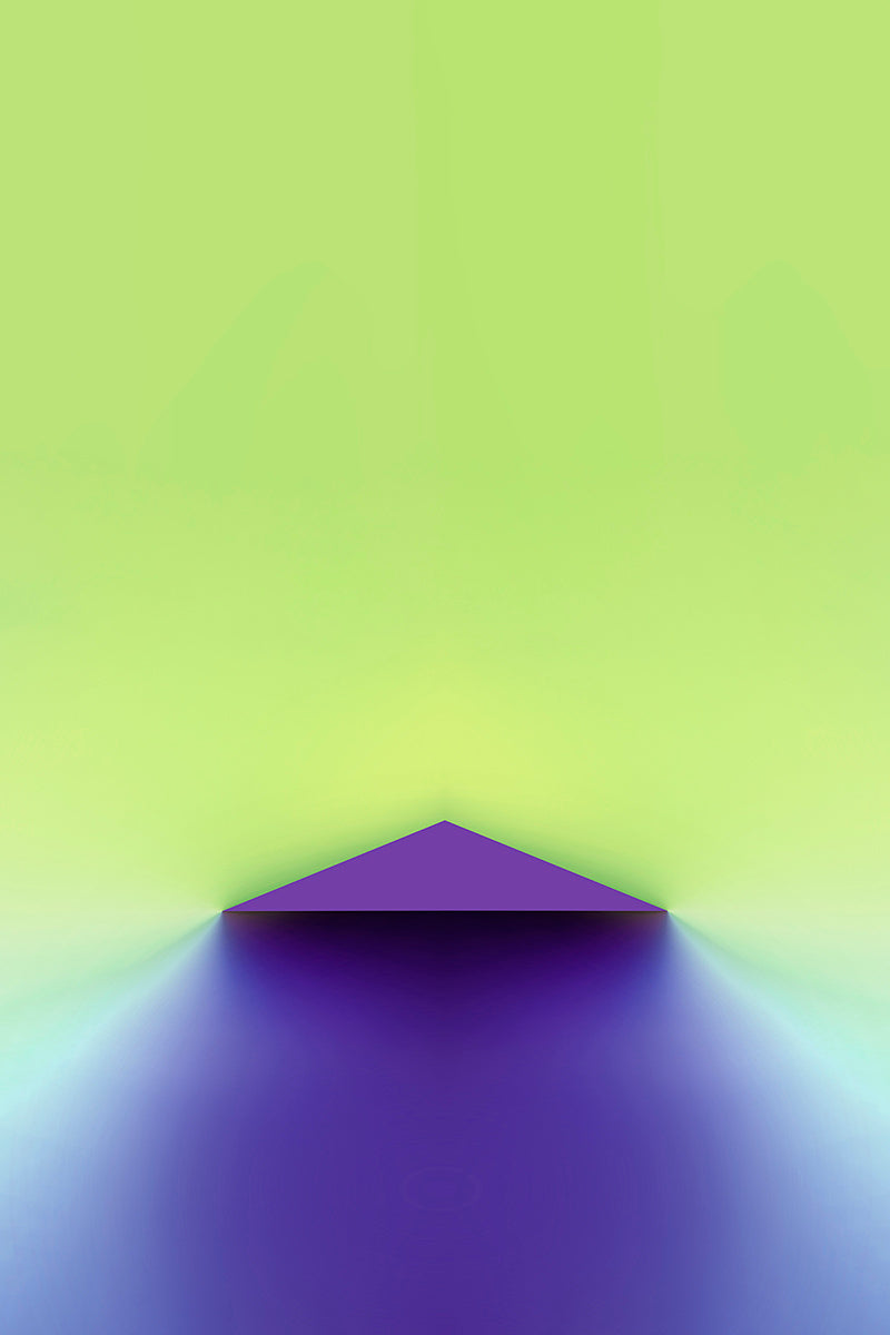 A minimalist abstract scene with a small purple triangular platform centered against a smooth yellow-green gradient background, casting a blue-purple shadow below.