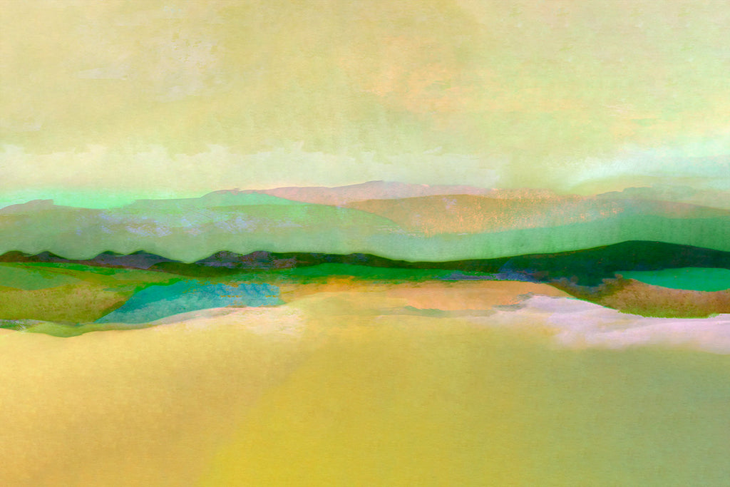An abstract landscape painting featuring a soft, textured composition with a pale yellow and green sky, layered green hills, and a turquoise blue body of water in the foreground.