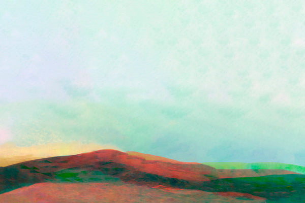 Hilly landscape with a gradient sky transitioning from green to blue.