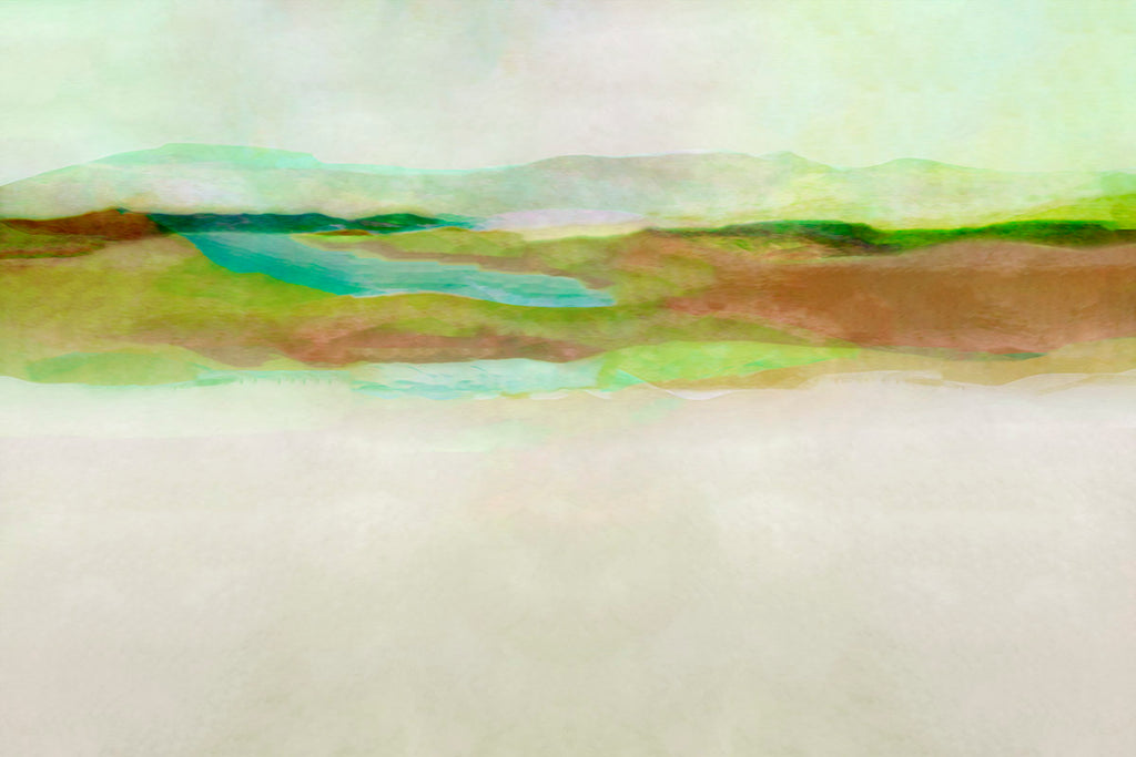 Abstract landscape painting featuring soft, textured brushstrokes of green, brown, and turquoise hills under a pale cream sky.
