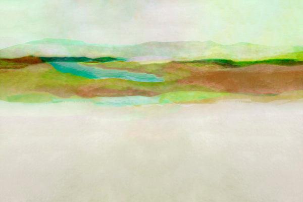 Abstract landscape painting featuring soft, textured brushstrokes of green, brown, and turquoise hills under a pale cream sky.