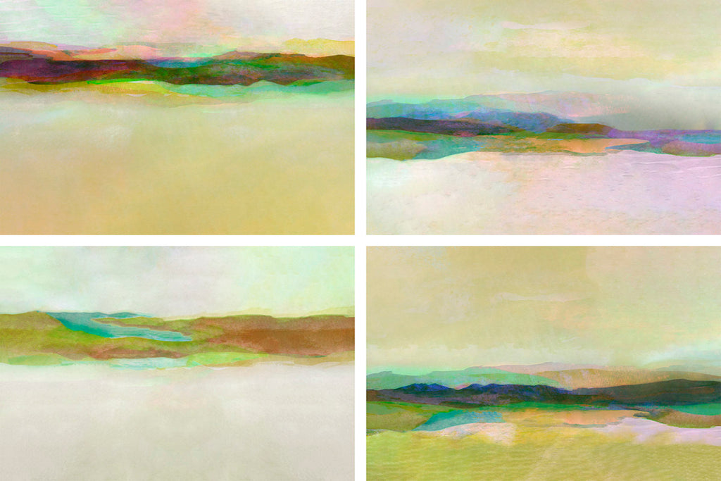 Four abstract landscape paintings with varying color palettes.