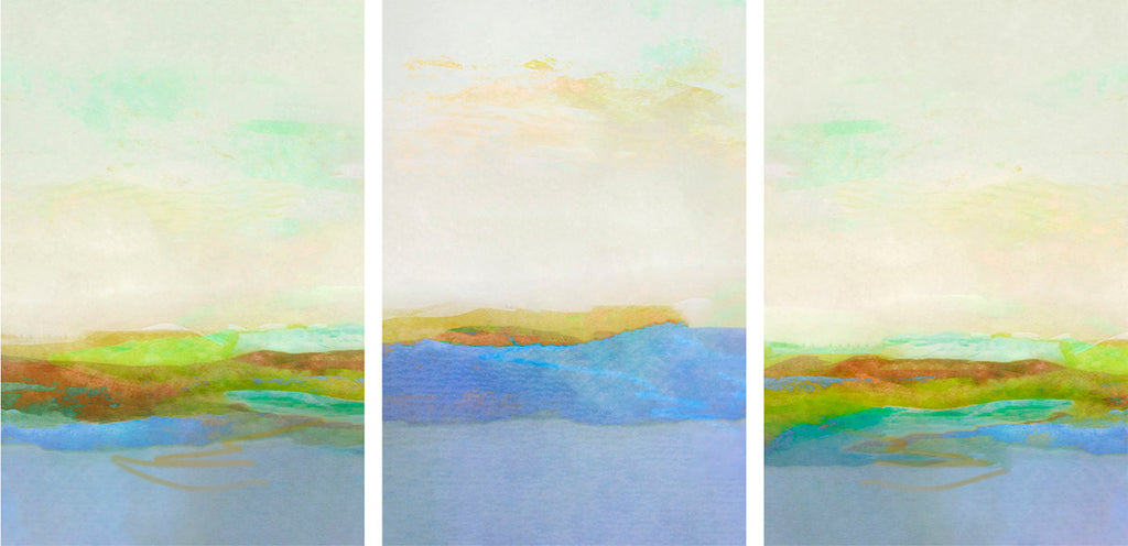 Triptych of abstract landscape paintings with water and sky.