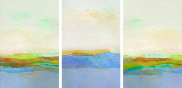 Triptych of abstract landscape paintings with water and sky.