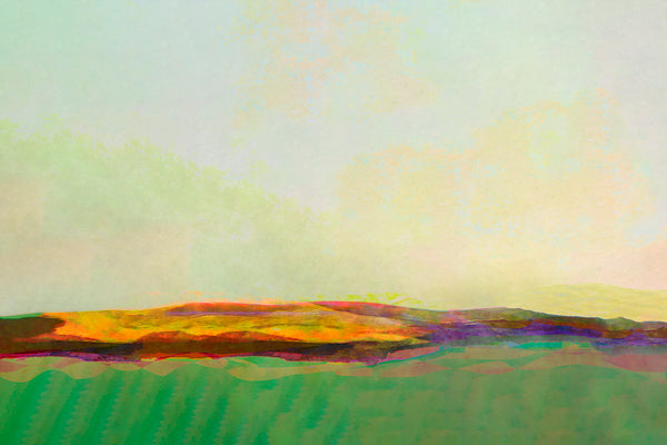 An abstract landscape painting featuring a textured green foreground, a band of yellow, orange, and brown hills, and a soft, hazy sky in pale green and cream tones.