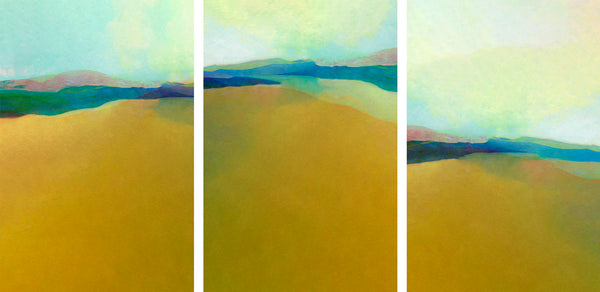 Three panels of a landscape painting with rolling hills and a clear sky.