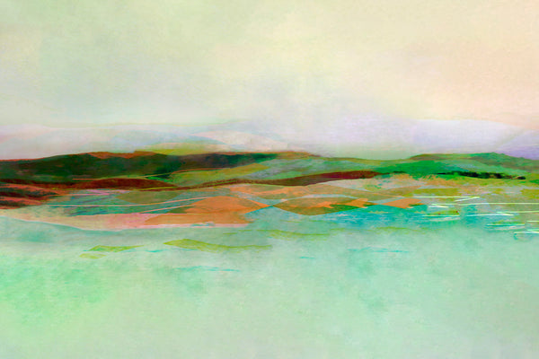 An abstract landscape painting featuring soft, blended washes of green, teal, brown, and beige, depicting rolling hills under a pale sky.