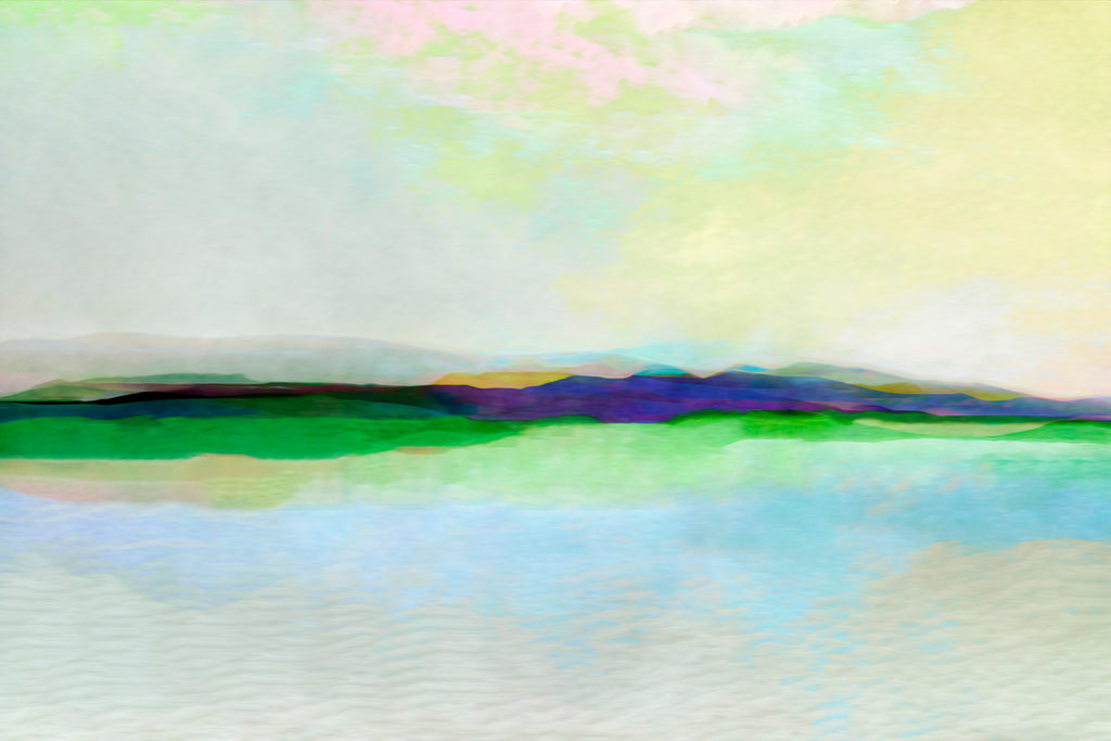 Abstract landscape painting with soft pastel sky in pale yellow, pink, and blue-green tones, layered over green and deep purple hills and a light blue foreground.