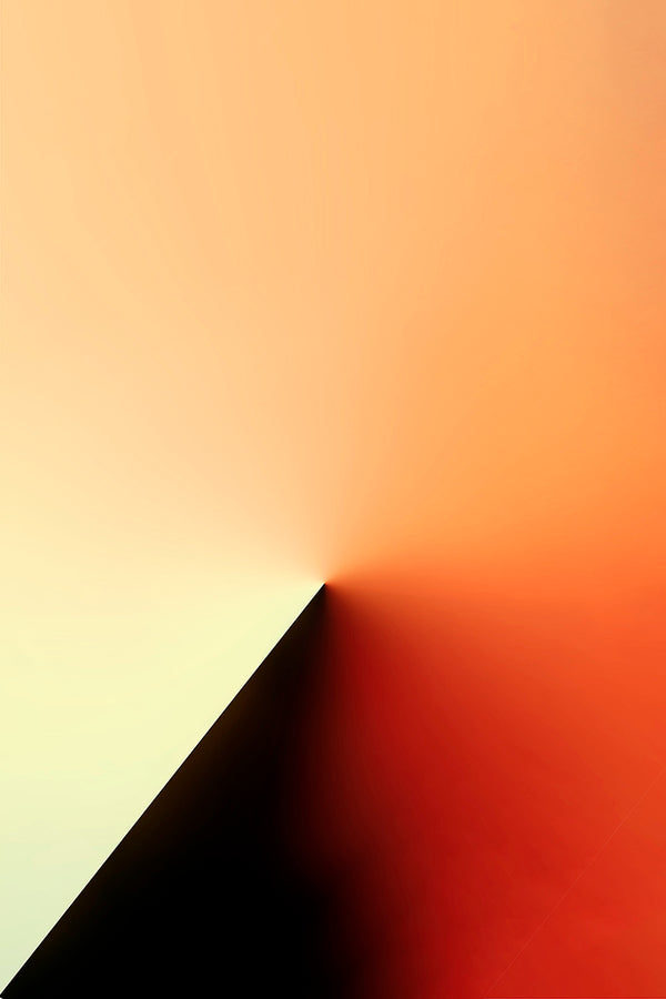 Abstract minimalist wall art featuring a geometric design with a diagonal black triangle casting a soft shadow, set against a warm gradient background transitioning from pale cream to orange and deep red.