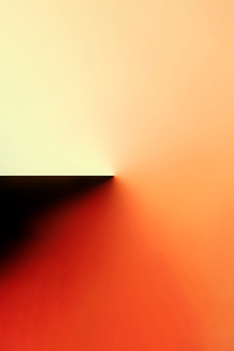 An abstract art minimalist composition featuring a warm gradient background transitioning from pale cream at the top to orange and deep red at the bottom, with a dark triangular shadow cast onto the lower left.