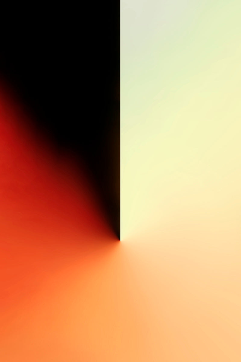 Abstract geometric artwork featuring a vertical black panel dividing a warm gradient scene into black, red-orange, peach, and pale yellow sections.