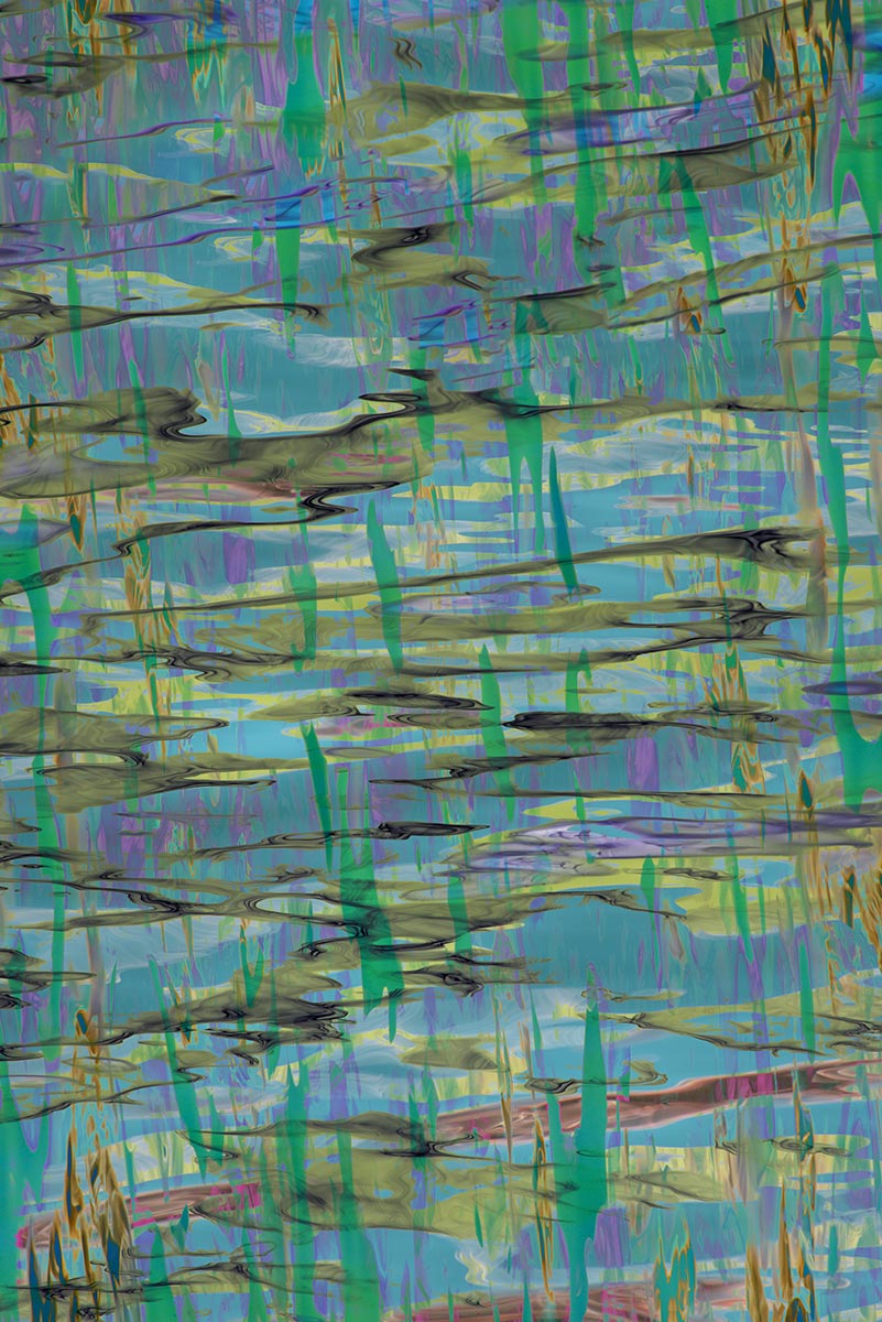 Abstract art with wavy lines in blue, green, and purple
