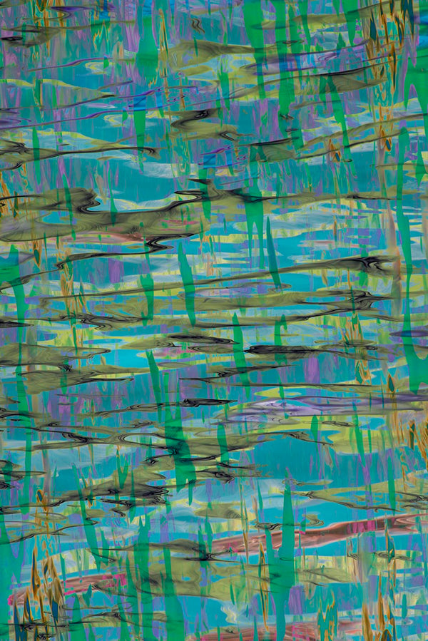 Abstract art with wavy lines in blue, green, and purple