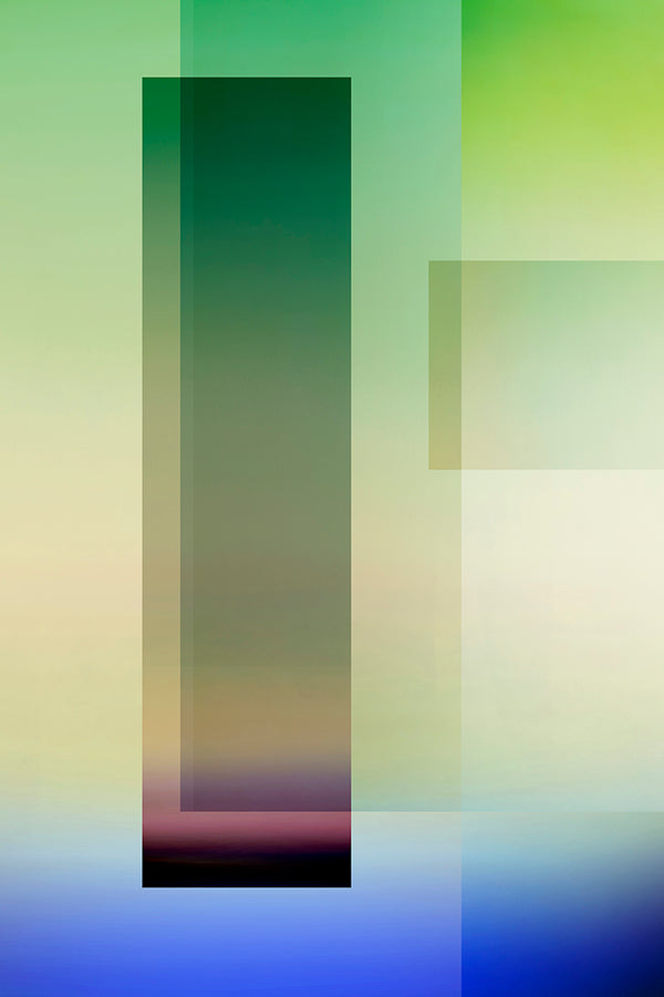 Abstract geometric art print featuring overlapping translucent rectangles in shades of green, yellow, beige, and blue over a soft gradient background.