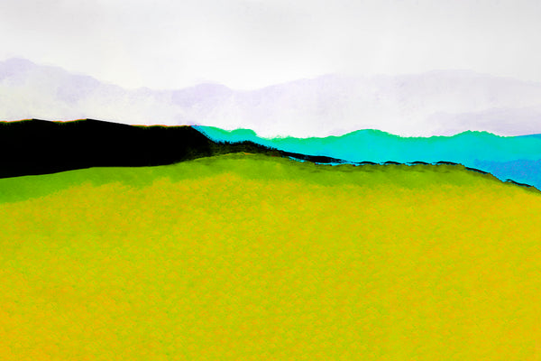 Abstract landscape art print featuring a textured bright yellow-green field in the foreground, a black ridge, turquoise and blue mountains, and a pale lavender-white sky.