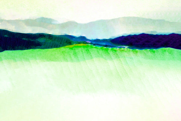 Abstract landscape painting featuring a bright green foreground, dark forested hills, and hazy blue mountains under a pale sky.