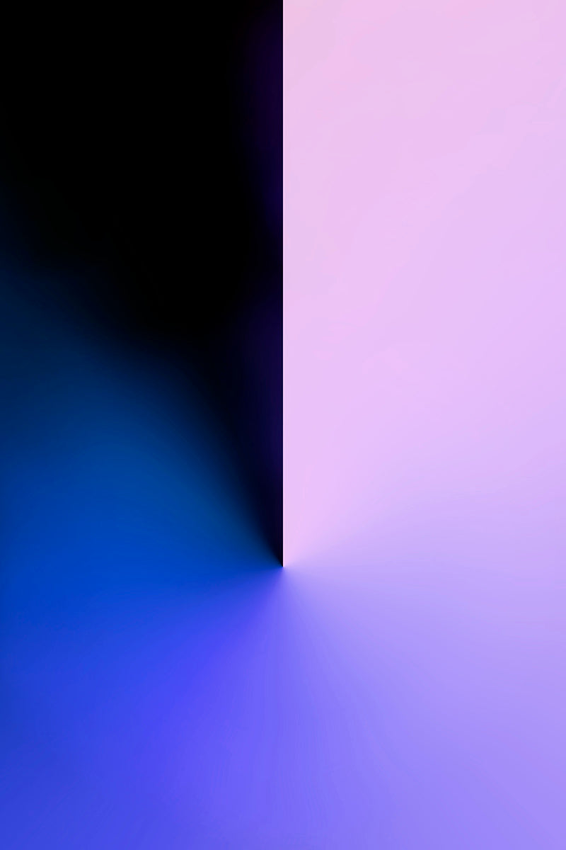 Abstract minimalist graphic art with a vertical split between black on the left and a soft lavender-to-blue gradient on the right and bottom.