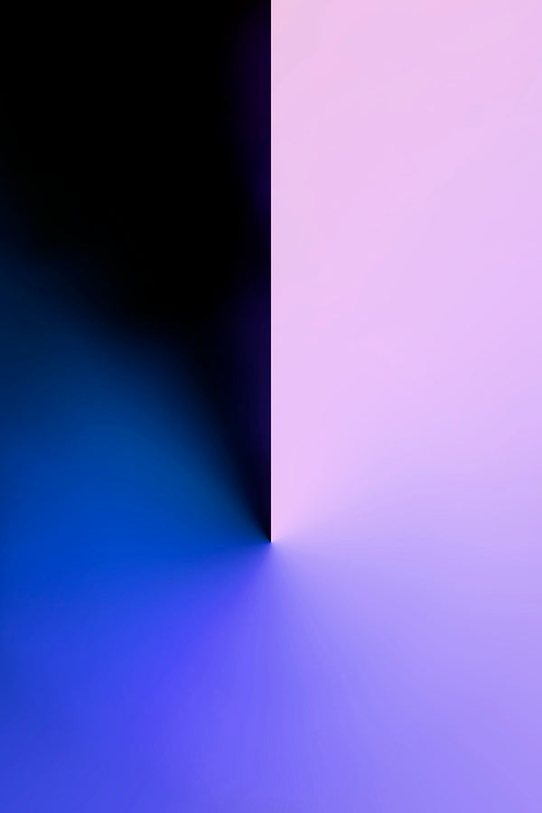 Abstract minimalist graphic art with a vertical split between black on the left and a soft lavender-to-blue gradient on the right and bottom.