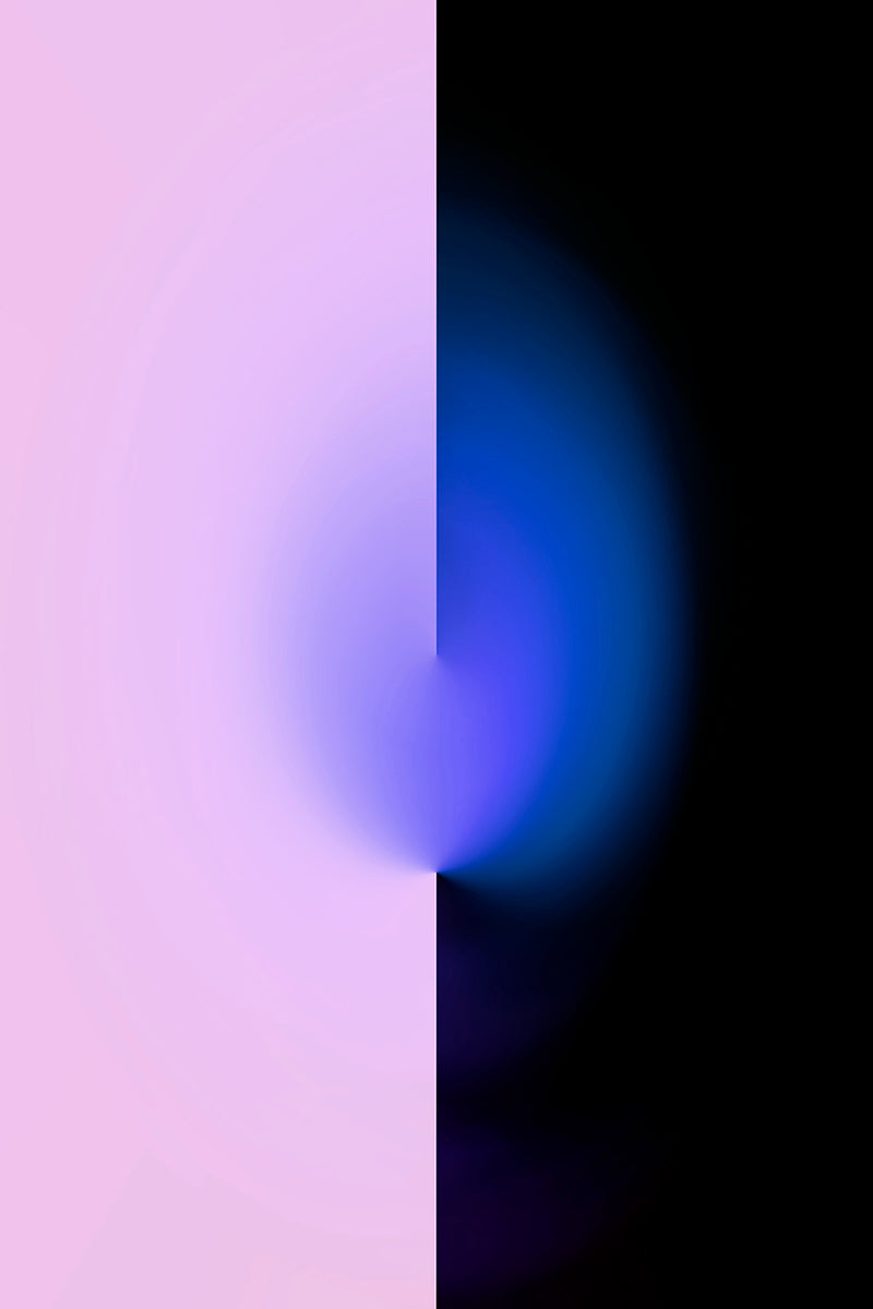 Abstract fine art graphic with a vertical split: soft lavender-pink on the left and a glowing blue-to-purple light against a black background on the right.