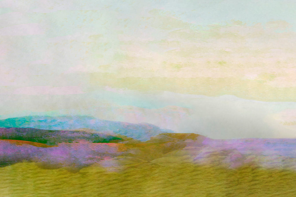 An abstract landscape painting featuring soft, blended hills in muted shades of yellow-green, purple, blue, and peach under a pale sky.