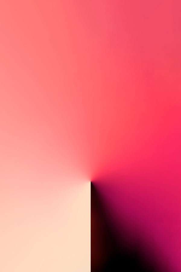 Red graphic fine art with a soft peach-to-pink-to-magenta color transition and a dark triangular shadow near the lower right.